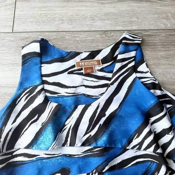 MICHAEL KORS Blue Black White Ruffled Zebra Stripe Sleeveless Dress - Picture 6 of 14